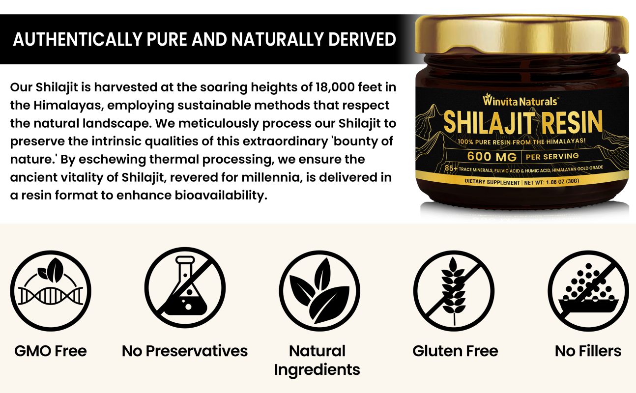 A promotional image featuring Winvita Naturals' Shilajit Resin jar with the text 'Authentically Pure and Naturally Derived', highlighting that the product is GMO-free, uses no preservatives, contains natural ingredients, is gluten-free, and has no fillers.