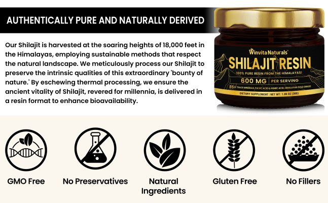 A promotional image featuring Winvita Naturals' Shilajit Resin jar with the text 'Authentically Pure and Naturally Derived', highlighting that the product is GMO-free, uses no preservatives, contains natural ingredients, is gluten-free, and has no fillers.