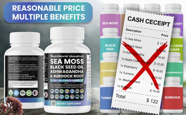 An advertisement comparing Winvita Naturals' all-in-one dietary supplement to purchasing individual ingredients. A large white bottle labeled "Winvita Naturals MineralProXI™" is depicted alongside smaller bottles representing single ingredients like Sea Moss and Black Seed. A crossed-out cash receipt indicates a total of $122 for individual purchases, emphasizing the cost-effectiveness of choosing Winvita's comprehensive supplement.