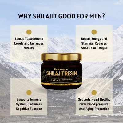 An infographic featuring Winvita Naturals' Shilajit Resin against a backdrop of snowy mountains. The image highlights the benefits for men: boosting testosterone and vitality, increasing energy and stamina, reducing stress and fatigue, supporting immune and cognitive functions, and promoting heart health with anti-aging properties.