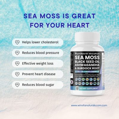 Graphic showcasing the heart health benefits of Sea Moss, listing it can lower cholesterol, reduce blood pressure, aid in weight loss, prevent heart disease, and lower blood sugar, next to a bottle of Winvita Naturals supplement.
