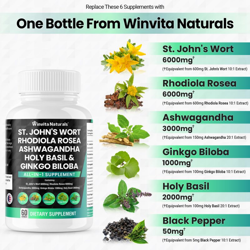 One white bottle of Winvita Naturals dietary supplement with a label that lists the all-in-one contents including St. John's Wort, Rhodiola Rosea, Ashwagandha, Holy Basil, Ginkgo Biloba, and Black Pepper. The background displays images of each herb and supplement, highlighting their dosages, with a clear indication that one bottle can replace six different supplements.
