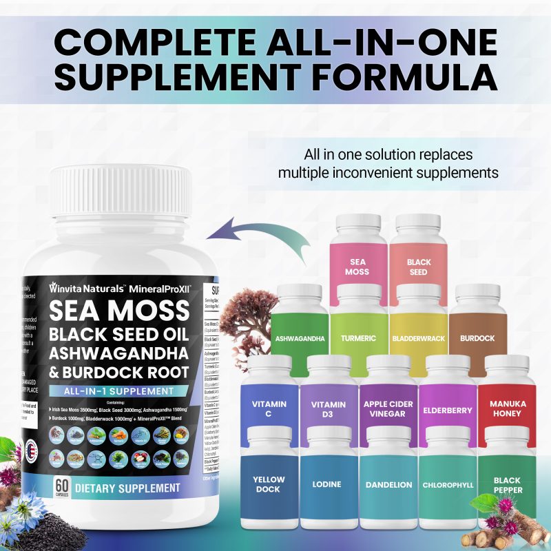 A promotional image featuring Winvita Naturals’ MineralProXI™ dietary supplement, which includes Sea Moss, Black Seed Oil, Ashwagandha, and Burdock Root. The product claims to be a complete all-in-one supplement formula, offering a convenient alternative to multiple individual supplements. The background showcases various supplement bottles labeled with different ingredients such as Sea Moss, Black Seed, Ashwagandha, Turmeric, Bladderwrack, and others, emphasizing the comprehensive nature of Winvita's offering.