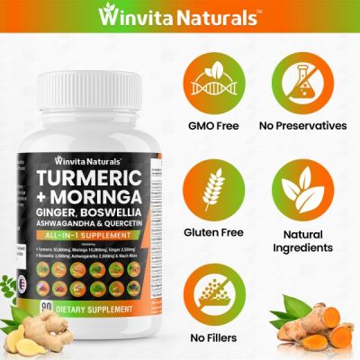 Image of Winvita Naturals' Turmeric & Moringa supplement bottle with icons highlighting its qualities: GMO-Free, No Preservatives, Gluten-Free, Natural Ingredients, and No Fillers. Fresh turmeric and ginger roots are visible at the bottom.