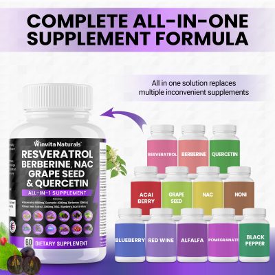 Winvita Naturals' all-in-one dietary supplement bottle, Resveratrol Berberine, NAC Grape Seed & Quercetin, with visuals of individual supplement bottles it replaces, including acai berry, grape seed, NAC, noni, blueberry, red wine, alfalfa, pomegranate, and black pepper.