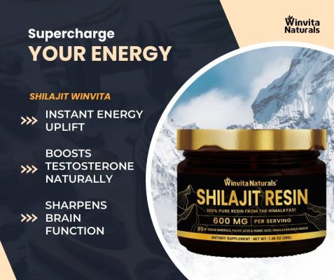 A jar of Winvita Naturals' Shilajit Resin is prominently displayed against a backdrop of snowy mountain peaks. Highlighted benefits include instant energy uplift, natural testosterone boost, and improved brain function.
