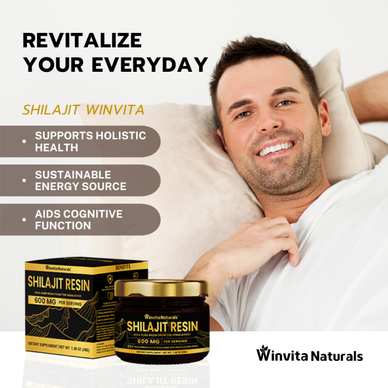 A smiling man reclining comfortably on a pillow with a bottle of Winvita Naturals Shilajit resin in front, accompanied by text highlighting the product's benefits for holistic health, sustainable energy, and cognitive function.