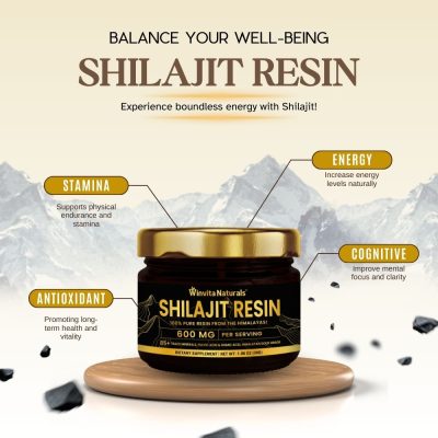 A promotional image for Winvita Naturals' Shilajit Resin with highlighted benefits. The product jar is centrally placed against a mountainous backdrop, emphasizing stamina, energy, antioxidants, and cognitive improvements as key advantages.