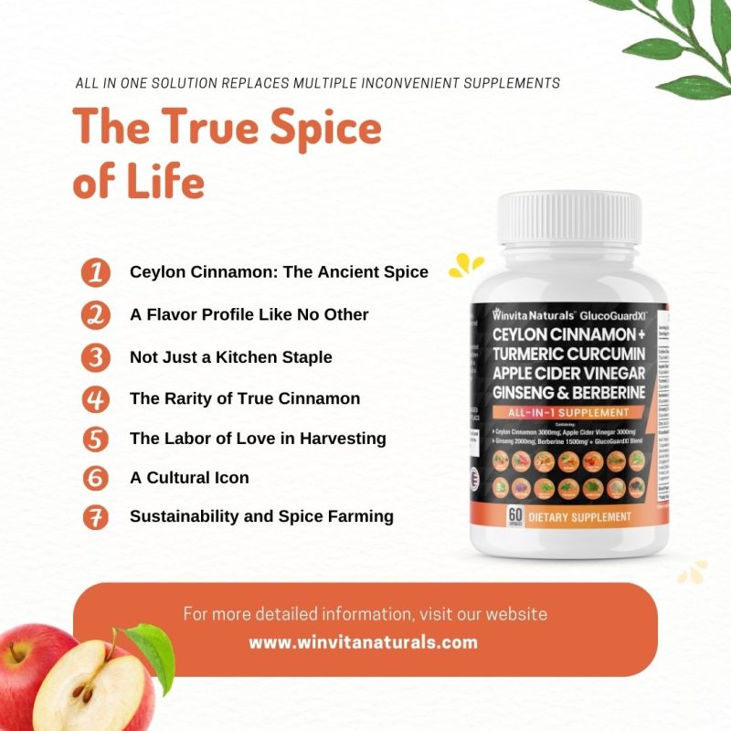 An infographic titled "The True Spice of Life" lists the benefits of Ceylon Cinnamon along with other ingredients like Turmeric Curcumin, Apple Cider Vinegar, Ginseng, and Berberine found in WinVita Naturals' all-in-one supplement. The image features a bottle of the supplement and a link to their website for more information.