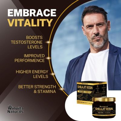 Embrace vitality with Winvita Naturals' Shilajit Resin, highlighting benefits like boosted testosterone levels, improved performance, higher energy, and better strength and stamina, featuring a confident man and product jars.
