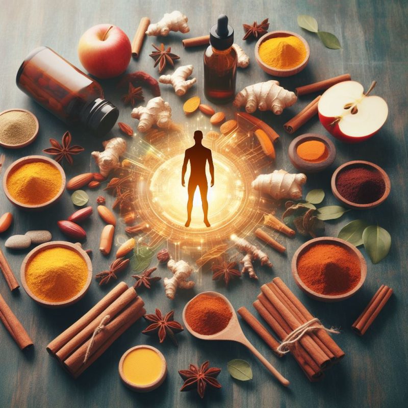 A silhouette of a man standing at the center of a radiant, circular energy graphic, surrounded by natural supplements, spices like cinnamon and star anise, fresh ginger, apple slices, and various wellness capsules on a wooden surface.