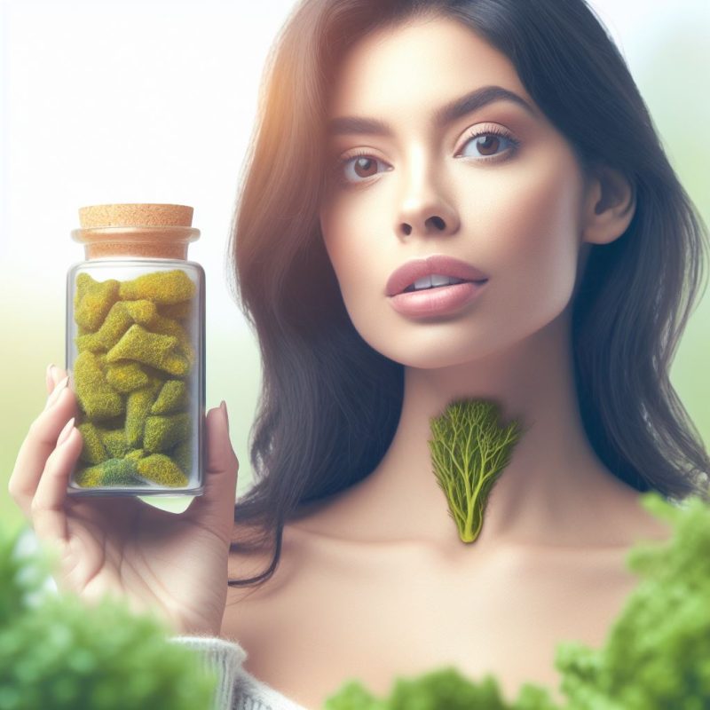 A close-up image of a woman holding a glass jar filled with green, moss-like supplements. She has clear skin, prominent cheekbones, and her dark hair is swept back. A small, green, dill-like plant appears to sprout from her throat, symbolizing natural health, with more greenery in the foreground.