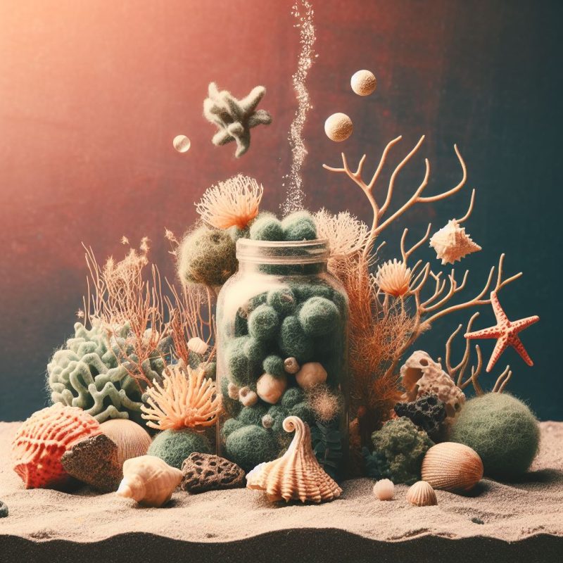 Whimsical underwater-themed still life with moss-filled jar, surrounded by coral, seashells, and bubbles against a warm gradient background.