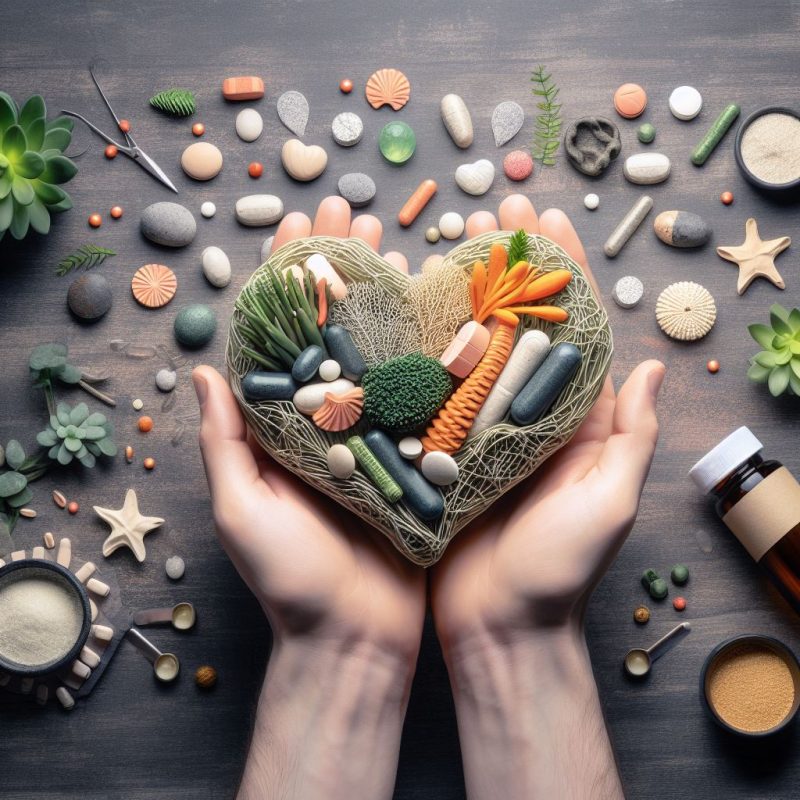 Hands cradling a heart-shaped arrangement of natural supplements, fresh vegetables, and sea elements on a wooden background.