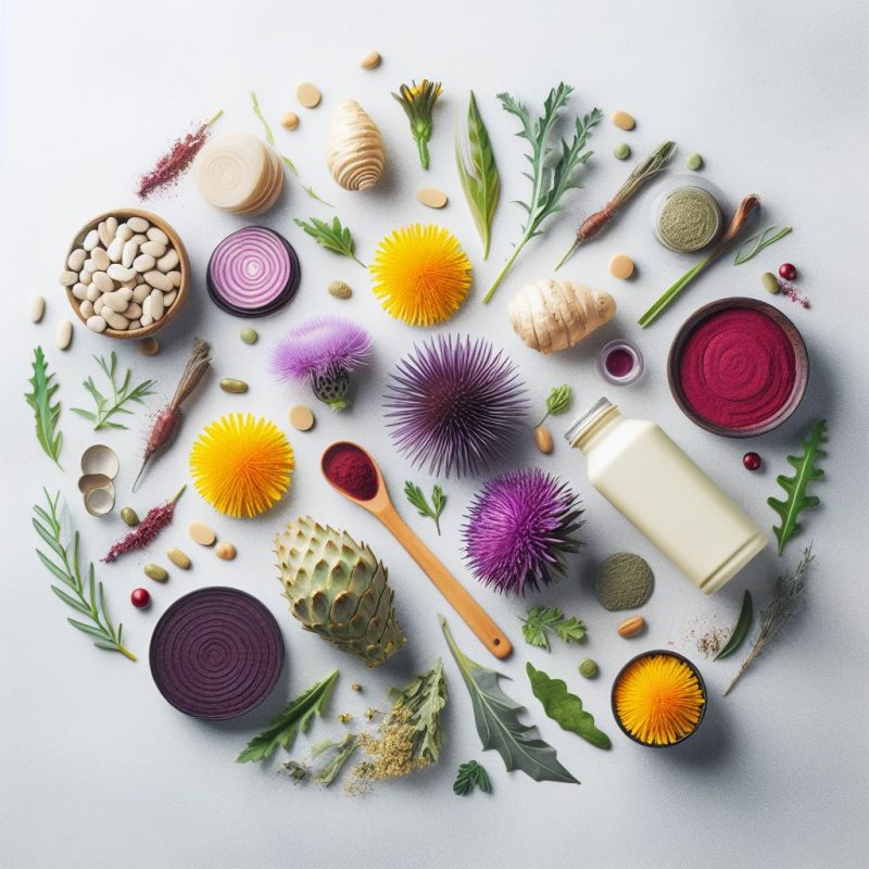 A neatly arranged assortment of natural ingredients and supplements on a white surface, featuring colorful flowers, herbs, a bottle of milk, various powders, and seeds, highlighting a theme of health and natural wellness.