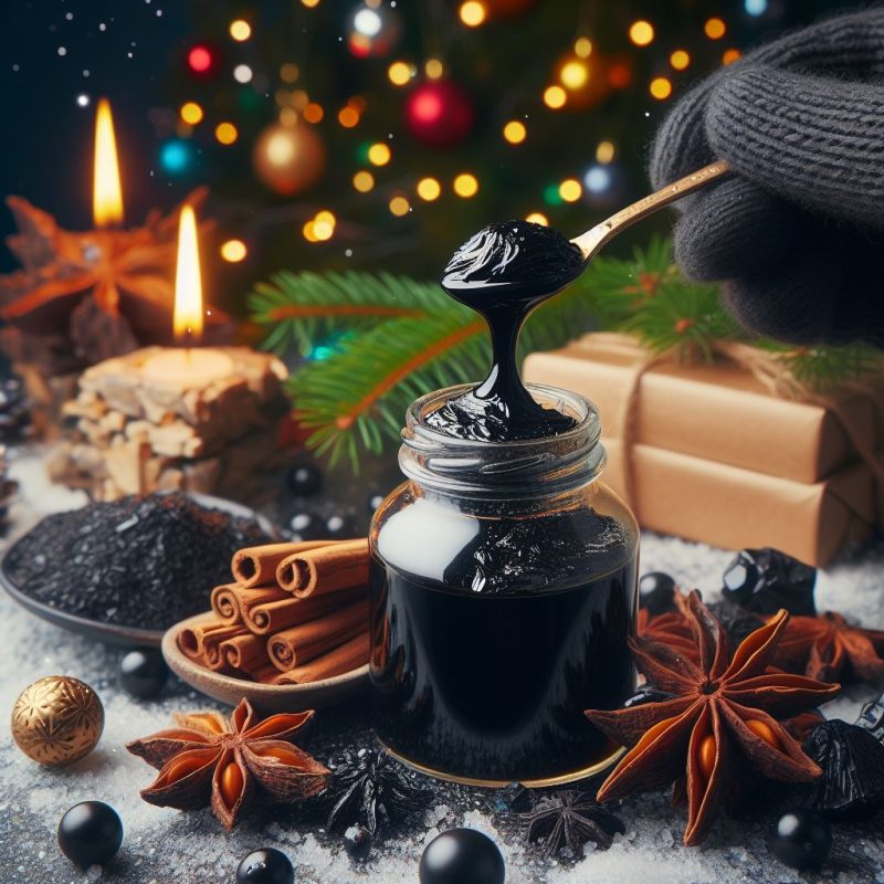 A jar of dark, lustrous shilajit resin with a spoon dripping with the substance, surrounded by cinnamon sticks, star anise, and holiday decorations, against a backdrop of twinkling lights and candles.