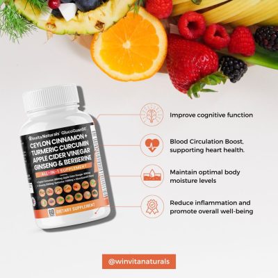 A promotional image featuring a bottle of Winvita Naturals dietary supplement with icons highlighting its benefits such as improving cognitive function, boosting blood circulation for heart health, maintaining body moisture levels, and reducing inflammation for overall well-being. Fresh fruits like pineapple, orange, and berries, indicative of natural ingredients, surround the bottle.
