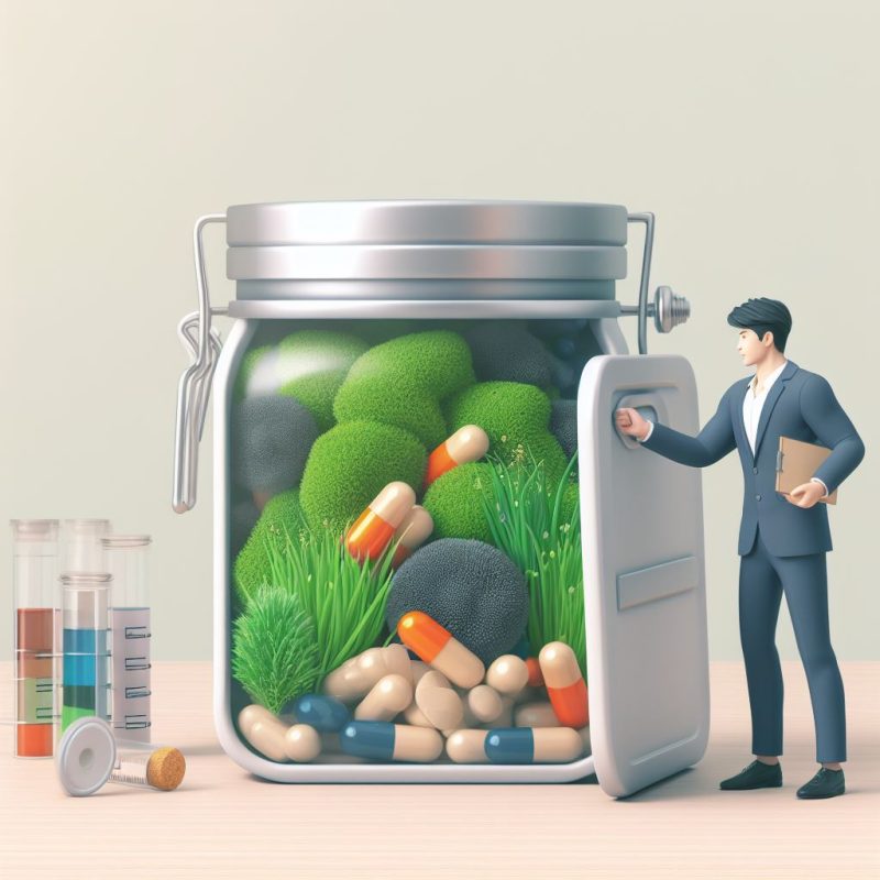 An illustration of a miniature man in a suit opening a large glass jar filled with various supplements and lush greenery, with test tubes containing colorful liquids on the side.
