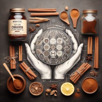 An artistic flat lay featuring a jar of Winvita Ceylon Cinnamon supplement, cinnamon sticks, star anise, a sliced lemon, and wooden spoons with ground cinnamon, all arrayed around a detailed pen-and-ink drawing of hands holding a geometric pattern on a dark background.