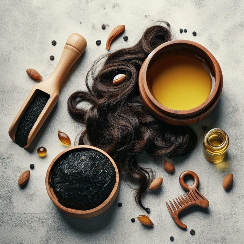 A flat lay of natural hair care ingredients, including a bowl of black Shilajit resin, a small bottle of golden oil, loose almonds, and a scoop of black granules, arranged around a lock of curly brown hair with a wooden comb.