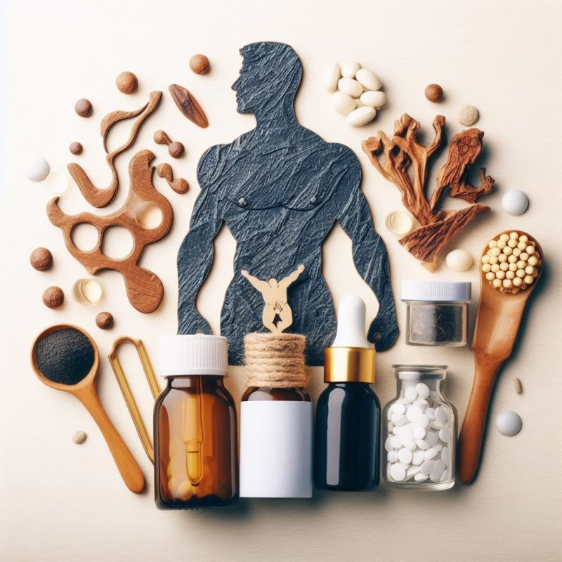A creative arrangement of a male silhouette cutout surrounded by various health supplements and natural remedies, including pills, capsules, herbs, and essential oil bottles on a light background.