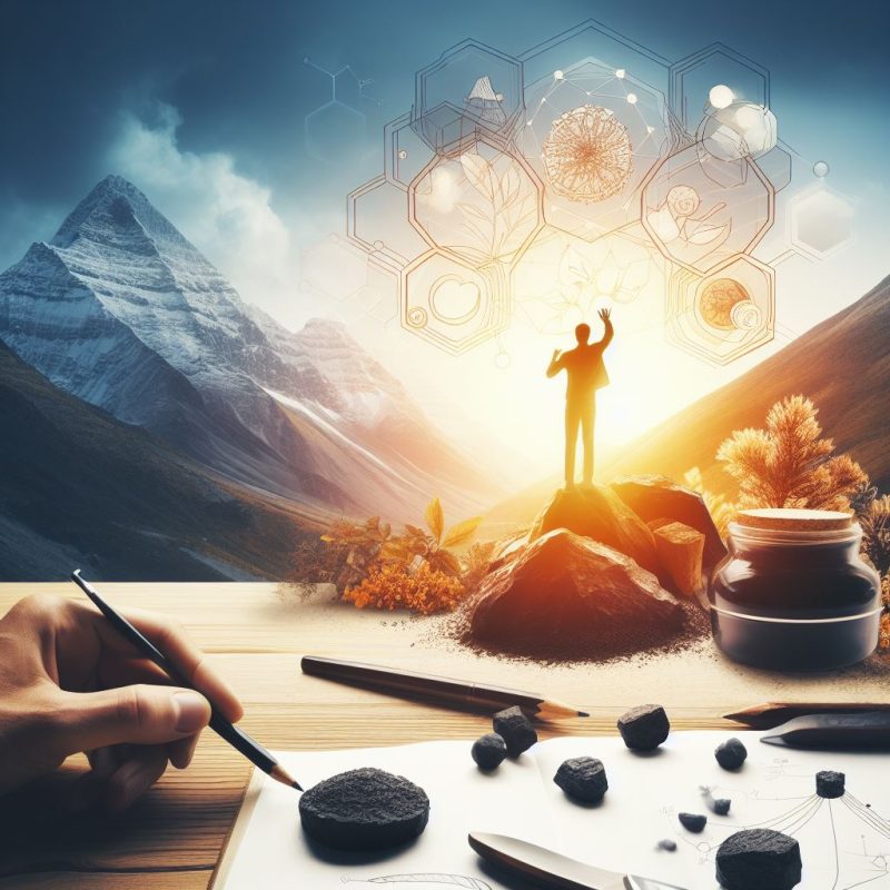 An artistic composition blending drawing and photography, featuring a person standing on a rock with arms raised towards a geometric, honeycomb-like structure, with majestic mountains in the background, a sketchbook, pen, and Shilajit resin in the foreground, symbolizing the connection between nature, science, and wellness.