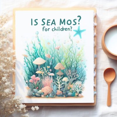 A beautifully illustrated book titled "IS SEA MOSS for children?" lies open on a table with a pastel-colored aquatic scene, featuring various types of sea moss, coral, starfish, and fish, evoking a sense of marine life wonder.