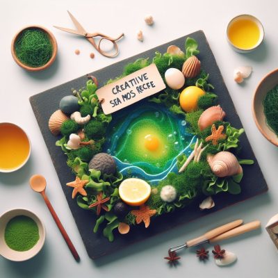 An artistic food presentation displayed on a slate board, resembling an underwater scene with vibrant green seaweed, a sunny-side-up egg in the center creating the illusion of a bright coral reef sun, surrounded by decorative elements like shells, starfish, and lemon slices, with a tag labeled "CREATIVE SEA MOSS RECIPE" on top.