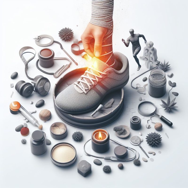 An artistic representation blending elements of health and fitness: a person tying the laces on a sports shoe which glows with a warm light, suggesting vitality. Surrounding the shoe are fitness-related items like dumbbells and a jump rope, alongside wellness items such as stethoscope, pills, herbal leaves, a lit candle, and various supplement containers, symbolizing a holistic approach to health and well-being.