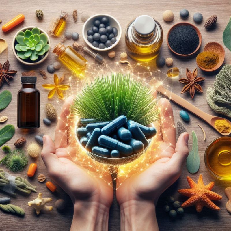 Hands cradle a bowl of blue capsules, symbolizing vitality, surrounded by a variety of natural supplements and ingredients like oils, herbs, and seeds on a wooden surface.
