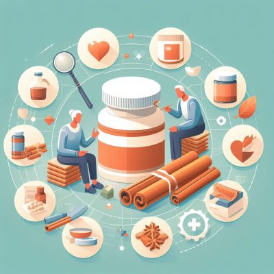 Illustration of two individuals examining and discussing a large supplement bottle surrounded by icons of natural health ingredients and wellness symbols.