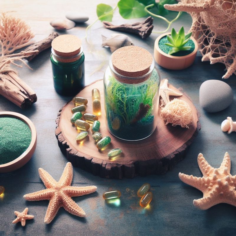 Assortment of sea moss supplements in capsules on rustic wood, surrounded by starfish, seashells, driftwood, and green plants in glass containers.