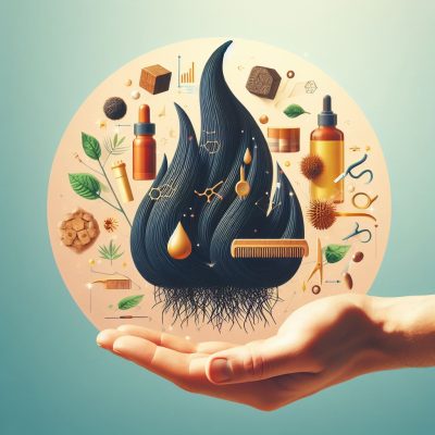 A conceptual illustration of a hand holding a large tuft of shiny black hair surrounded by an array of hair care elements including essential oil bottles, a comb, droplets, scissors, and various natural ingredients like leaves and seeds, all within a circular motif against a soft blue background.