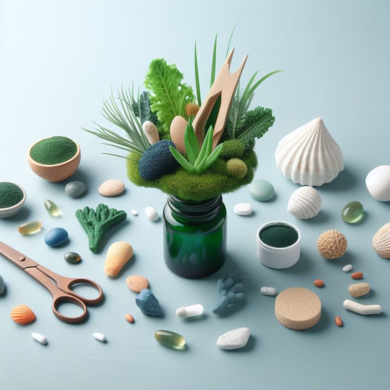 The image depicts a stylized, creative representation of natural wellness elements. In the center, a dark green bottle overflows with greenery and wooden utensils, suggesting a blend of natural ingredients and eco-friendly products. Surrounding the bottle are various wellness and spa-related items including sea sponges, pills, capsules, a pair of scissors, and sea shells, all arranged neatly on a pastel blue surface. The overall composition evokes a theme of holistic health and natural supplements.