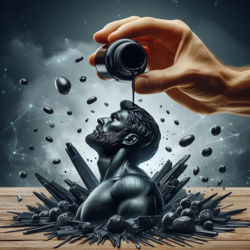 Artistic representation of a man's bust emerging from a wooden surface surrounded by black charcoal pieces and spheres. Above him, a hand tilts a small bottle, pouring out a dark liquid that flows towards his head against a cosmic backdrop with stars and connected lines, depicting a scene of rejuvenation or supplementation.