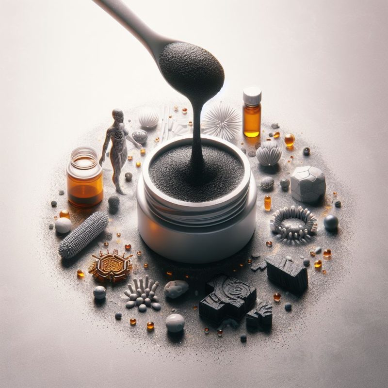 A spoon pouring a thick black substance into a modern white container, surrounded by an assortment of objects including amber droplets, abstract sculptures, small bottles, and intricate carvings on a luminous surface.