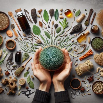 A pair of hands cradles a detailed ceramic art piece resembling a brain coral amidst a flat lay of natural wellness ingredients. Surrounding elements include various seeds, leaves, essential oil bottles, brushes, and spices on a neutral-toned surface, suggesting a theme of natural health and holistic healing.