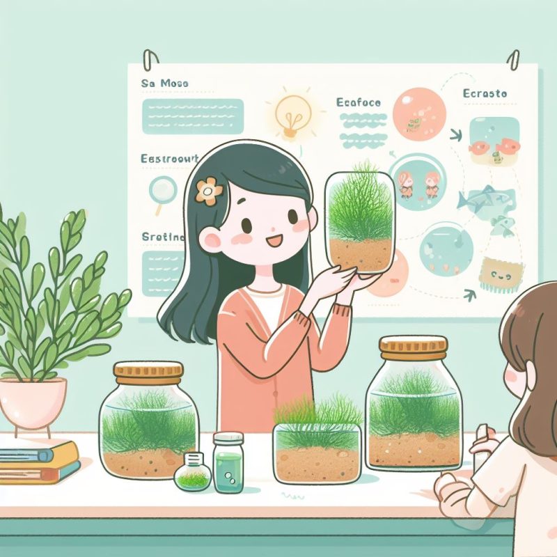 This is a charming illustration of a woman with dark hair and a flower in her hair, wearing a coral sweater, holding up a clear terrarium with lush green grass growing inside. She stands at a table with other terrariums in various sizes and a poster behind her detailing different stages and elements of growing sea moss, with playful illustrations and text related to "Sea Moss" education. A young girl is observing and learning from her, indicating a teaching or learning environment about aquatic plant life.