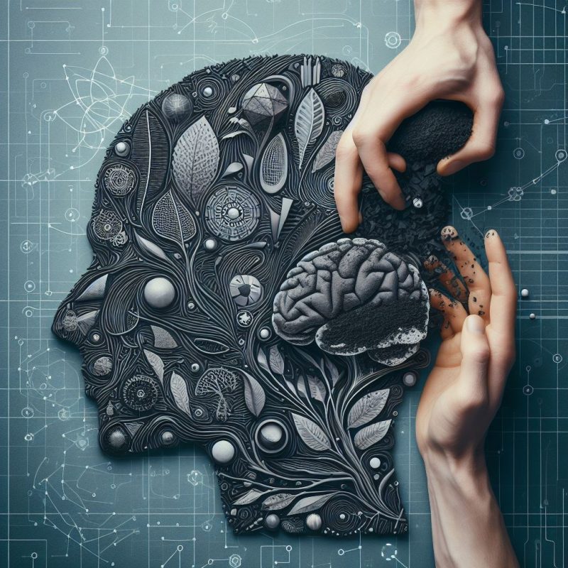 An intricate hand-drawn brain design filled with detailed patterns, gears, and leaves, with a hand placing a brain-shaped piece into the larger depiction, set against a backdrop of technical schematics.