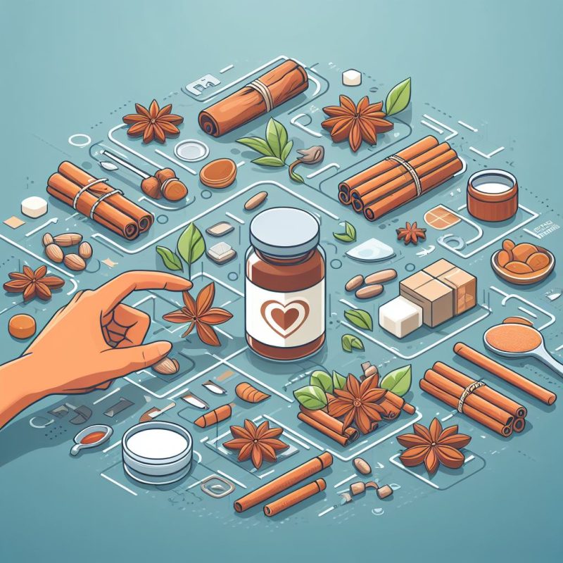 A hand reaches towards a supplement bottle with a heart label amidst an array of spices and herbal supplement ingredients. The scene includes cinnamon sticks, star anise, capsules, loose pills, and green leaves, all spread out on a blue surface, representing a blend of natural health products.