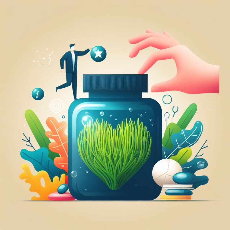 The image features an illustrated scene with a whimsical, creative take on wellness supplements. A man in a business suit is standing on top of a large, closed supplement bottle, reaching for a star icon. A giant hand is positioned above him, suggesting assistance or the act of choosing a star. Inside the transparent bottle, a vibrant green sea moss or seaweed is depicted, surrounded by a colorful underwater landscape with coral and bubbles. Around the bottle, various abstract shapes and pills float, contributing to the undersea motif. The image conveys a concept of attaining health and success through natural supplements.