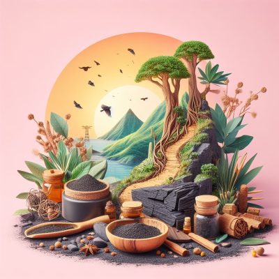 An artistic composition blending natural and wellness themes, showcasing a serene landscape with lush trees, a winding path, and rolling hills under a large setting sun. Foreground includes various wooden and ceramic bowls filled with black granular substances, alongside charred wooden logs, mortar and pestle, and small glass jars. Elements such as star anise, acorns, and dry plants accentuate the scene, suggesting a connection with natural remedies and holistic health.