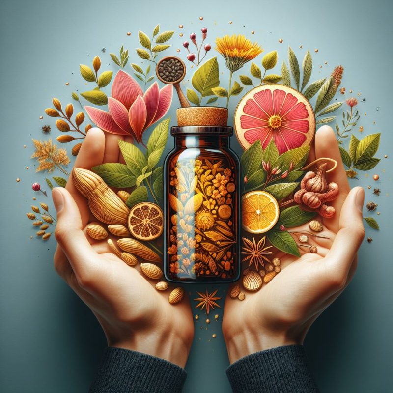 Two hands cradle a glass bottle filled with illustrated herbs and botanicals against a soft blue background. Surrounding the bottle is an array of vibrant, illustrated natural elements, including orange slices, almonds, flowers in full bloom, and lush green leaves, representing a rich diversity of herbal wellness ingredients.