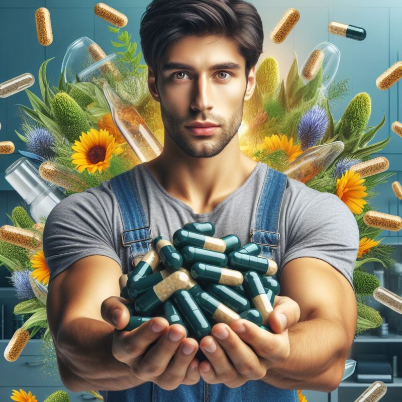 A man with a contemplative expression holds an overflowing handful of green capsules against a backdrop of floating natural herbs and flowers, symbolizing the fusion of nature and dietary supplements.