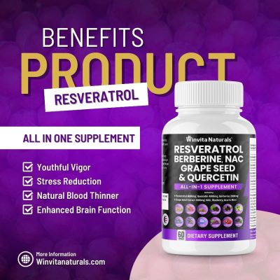 Winvita Naturals Resveratrol and other supplements bottle against a purple background, highlighting benefits like youthful vigor, stress reduction, acting as a natural blood thinner, and enhancing brain function.