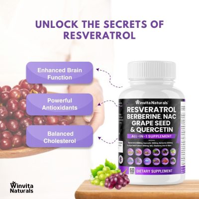 Image of Winvita Naturals Resveratrol supplement bottle, highlighting benefits like enhanced brain function, powerful antioxidants, and balanced cholesterol with visuals of grapes and a spoonful of resveratrol.