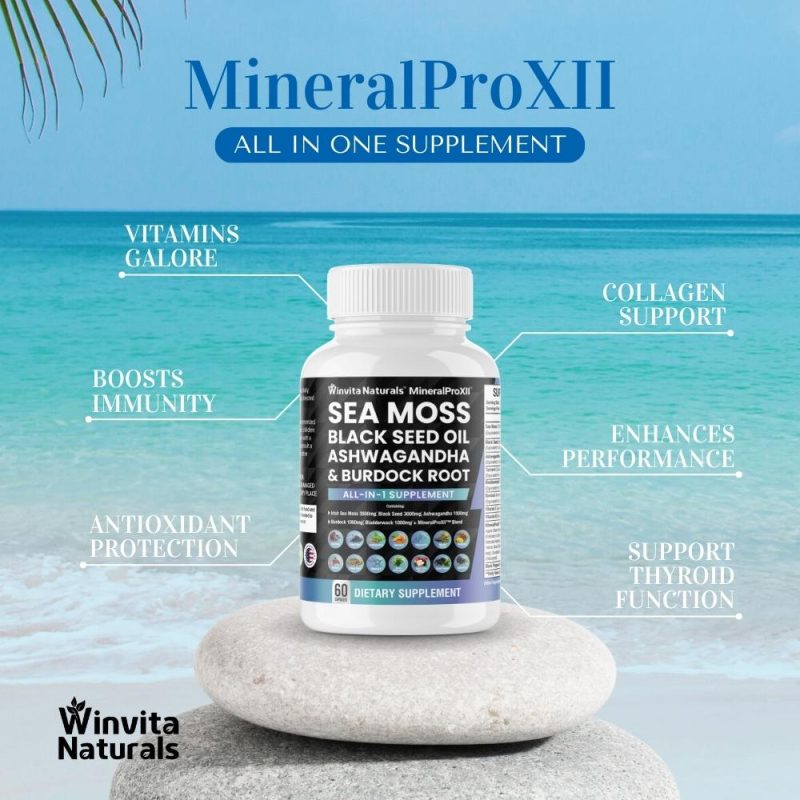 Winvita Naturals MineralProXII bottle on a serene beach backdrop, highlighting key benefits like immunity boost and thyroid support.