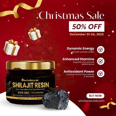 Festive Christmas sale advertisement featuring a jar of Winvita Natural's Shilajit Resin with a piece of raw shilajit in front. Decorated with floating gifts, golden ribbons, and a '50% OFF' tag, against a red background with snowflakes.