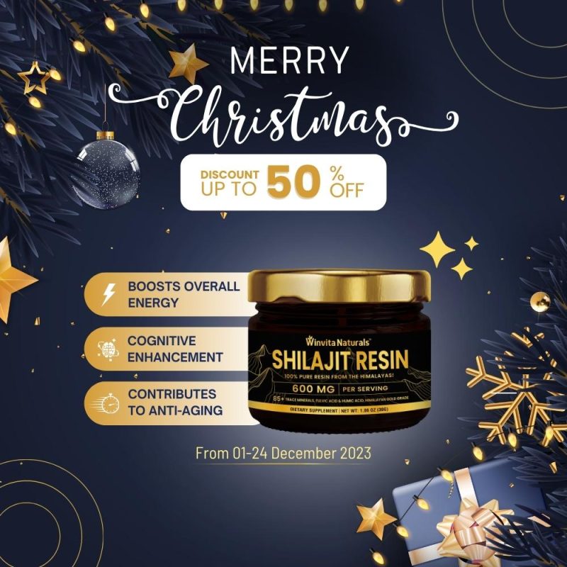 Festive promotional image for Winvita Naturals' Shilajit Resin, highlighting a 50% Christmas discount. The product is centered with details on boosting energy, cognitive enhancement, and anti-aging benefits, against a backdrop of Christmas decor and the offer dates from December 1-24, 2023.