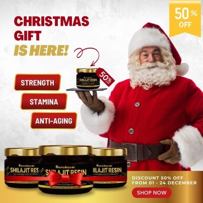 Festive image of Santa Claus in a red suit presenting a jar of Winvita Naturals' Shilajit Resin with a 50% off tag. Text highlights 'STRENGTH, STAMINA, ANTI-AGING' as benefits.